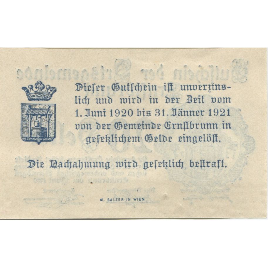 Billete, Austria, Ernstbrunn, 20 Heller, Blason 1921-01-31, SC, Mehl:FS 183a