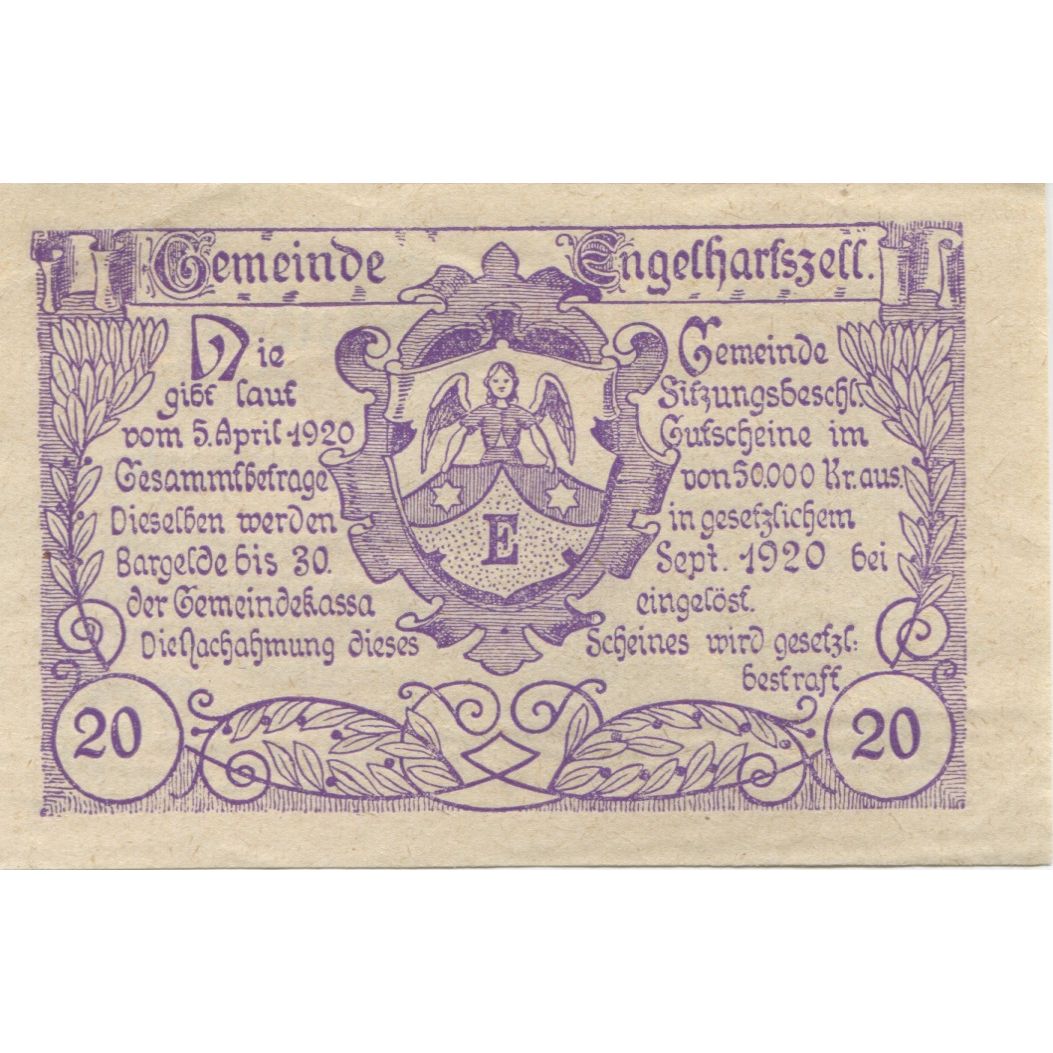 Billete, Austria, Engelhartszell, 20 Heller, Blason 1920-09-30, SC Mehl:FS 172a