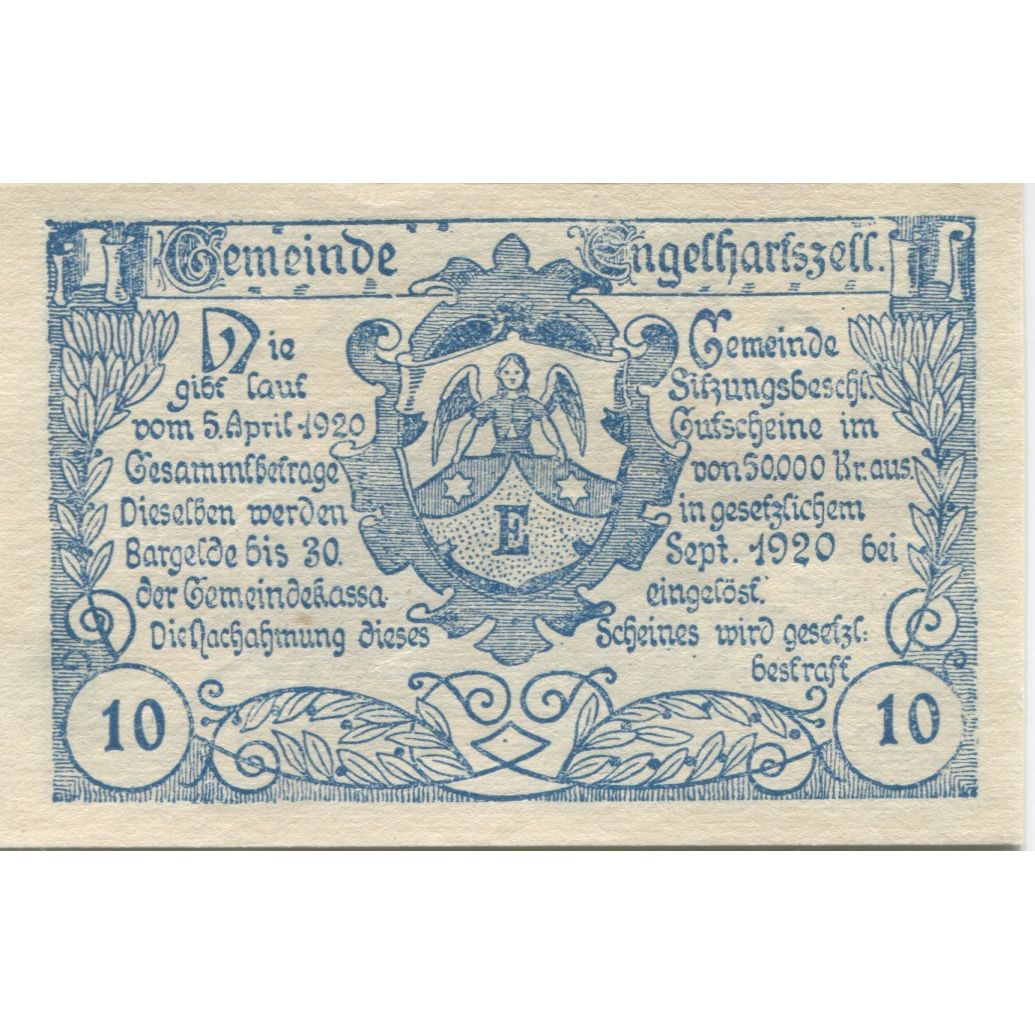 Billete, Austria, Engelhartszell, 10 Heller, Eglise 1920-09-30, SC Mehl:FS 172a