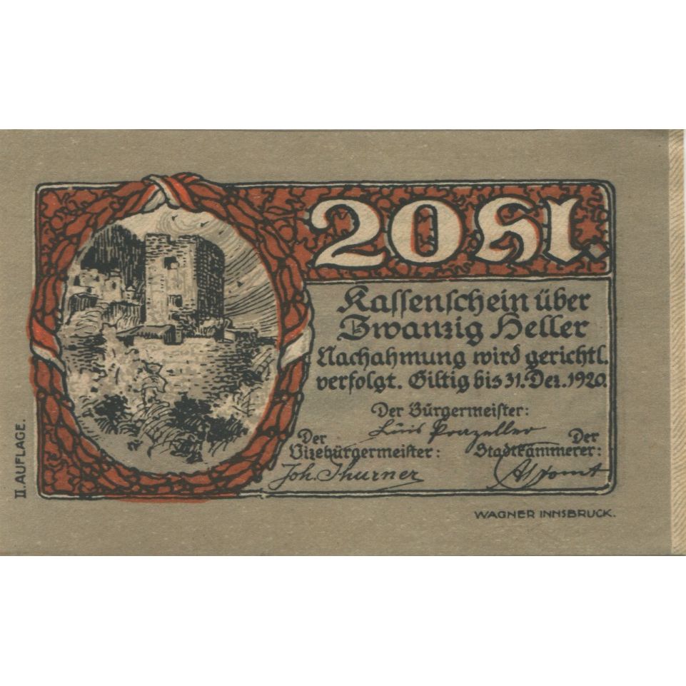 Billete, Austria, Rattenberg, 20 Heller, Blason 1920-12-31, SC, Mehl:FS 821I