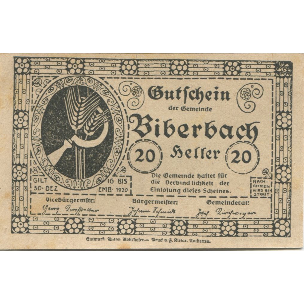 Billete, Austria, Biberbach, 20 Heller, épis 1920-12-30, EBC, Mehl:FS 86IIc