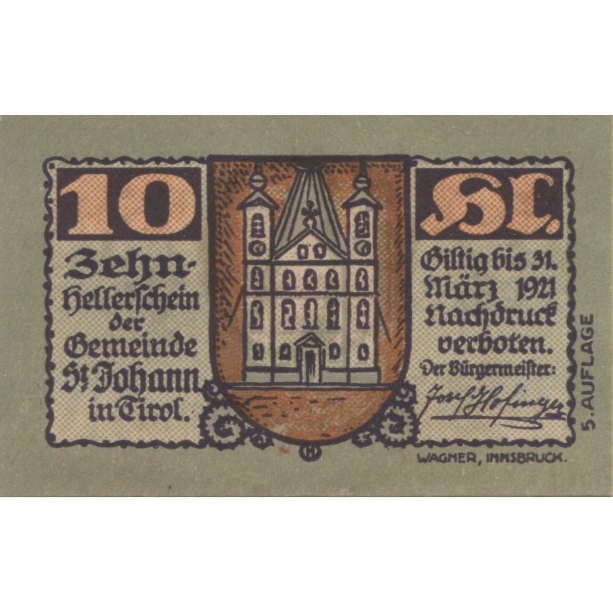 Billete, Austria, St Johann, 10 Heller, Eglise 1921-03-31, SC, Mehl:FS 898b