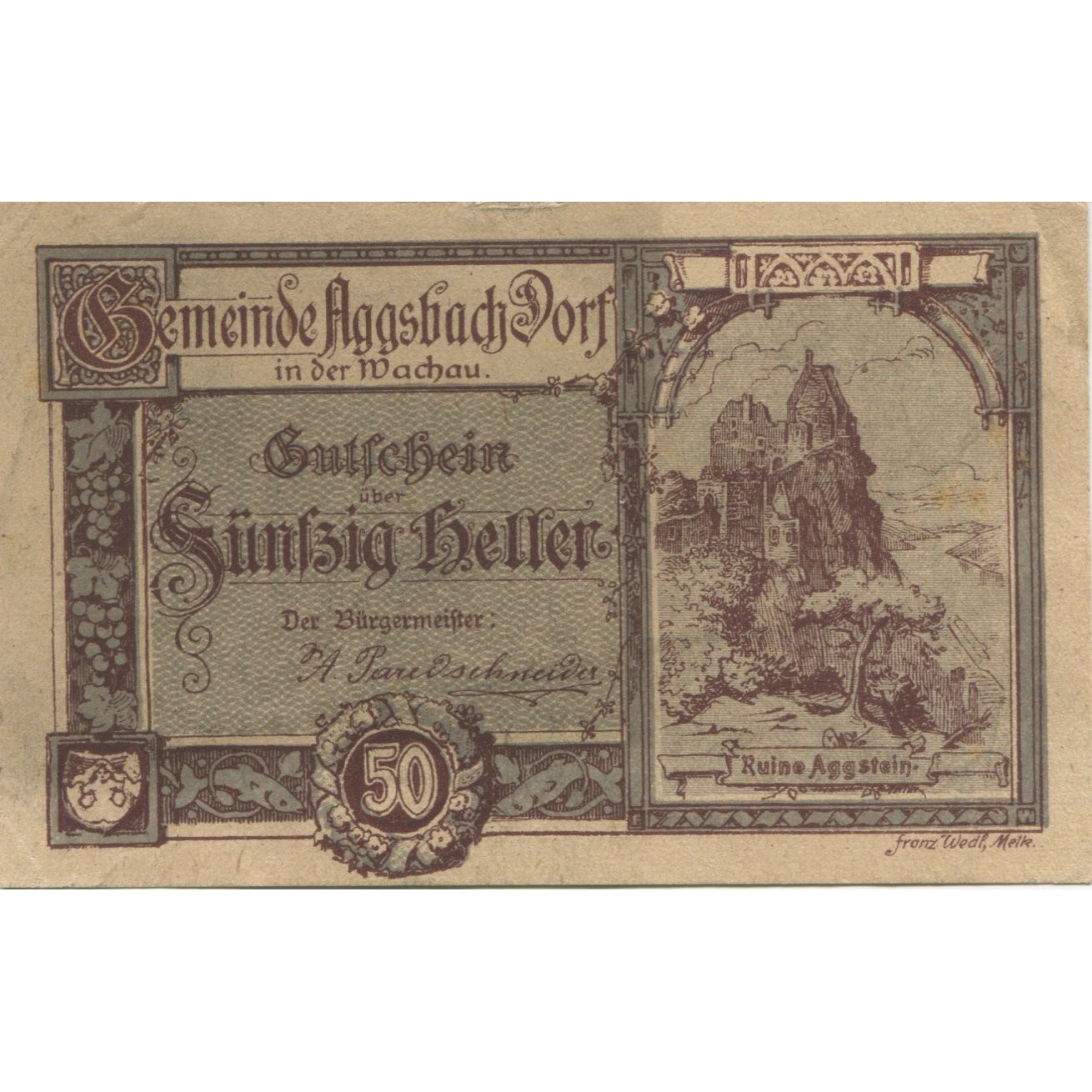 Billete, Austria, Aggsbach, 50 Heller, ruine, 1920, 1920-12-31, EBC, Mehl:FS 8