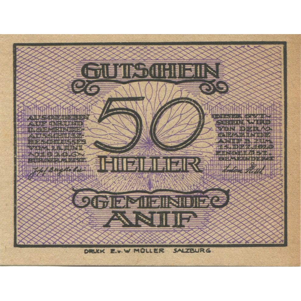 Billete, Austria, Anif, 50 Heller, porte, 1920, 1920-12-15, SC, Mehl:FS 43a