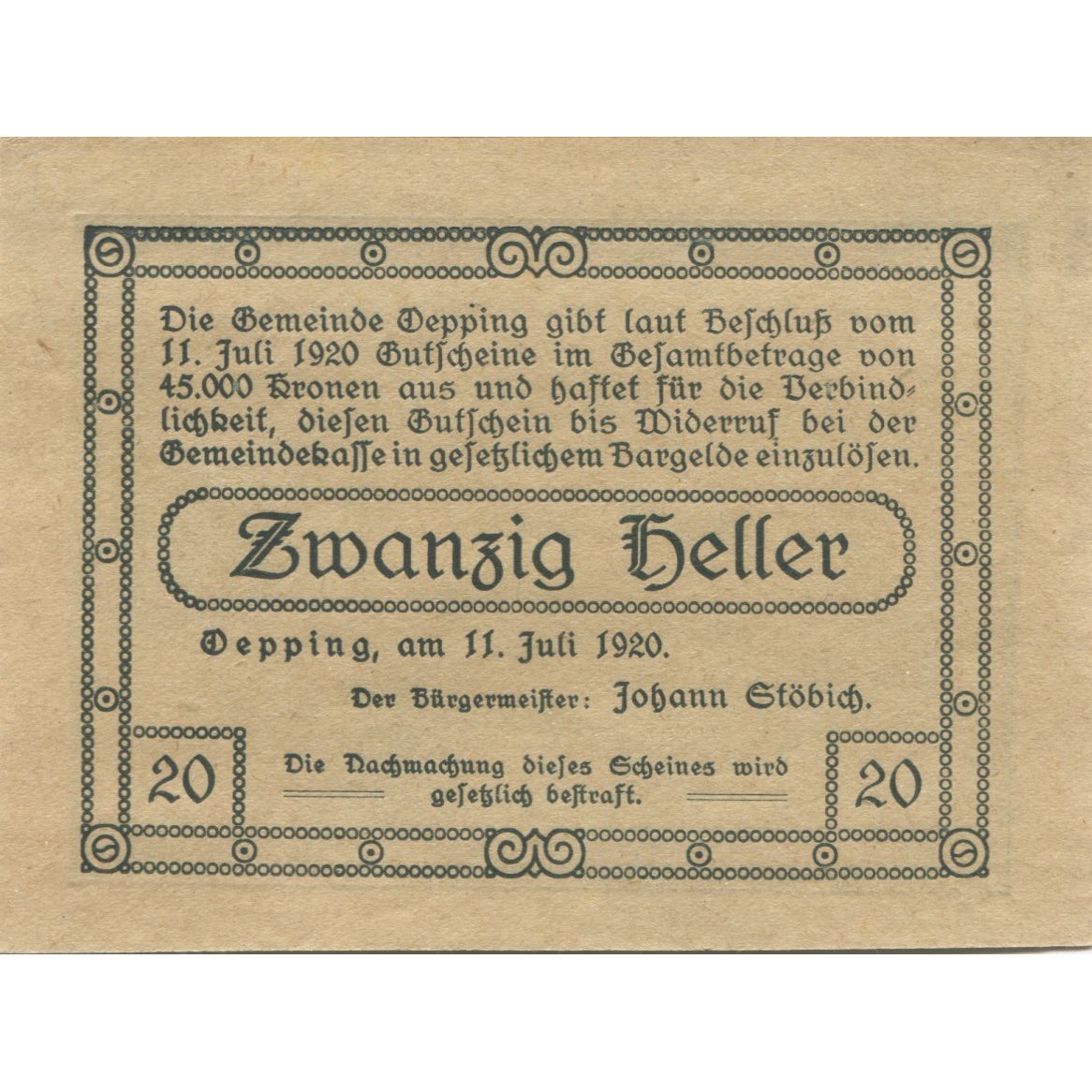 Billete, Austria, öpping, 20 Heller, Blason 1920-07-11, SC, Mehl:FS 710Ia