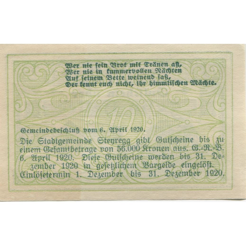 Billete, Austria, Steyregg, 10 Heller, château 1920-12-31, SC Mehl:FS 1036Ia