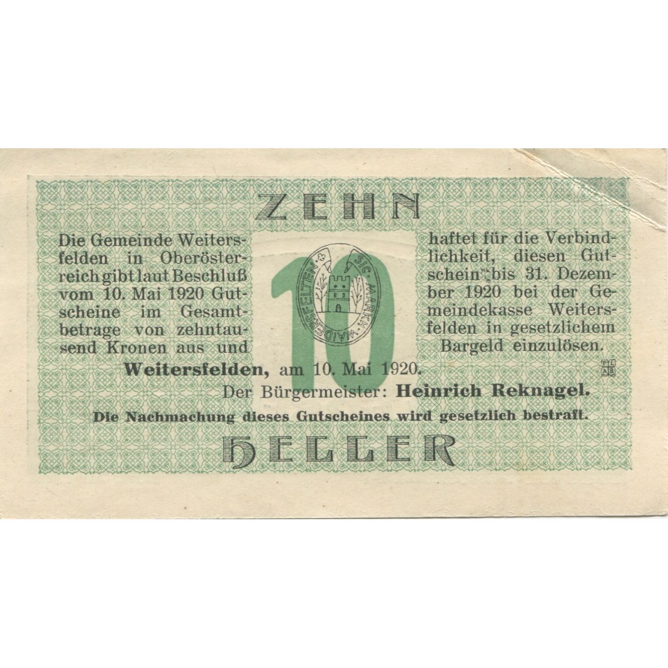 Billete, Austria, Weitersfelden, 10 Heller, paysage, 1920, EBC Mehl:FS 1164a