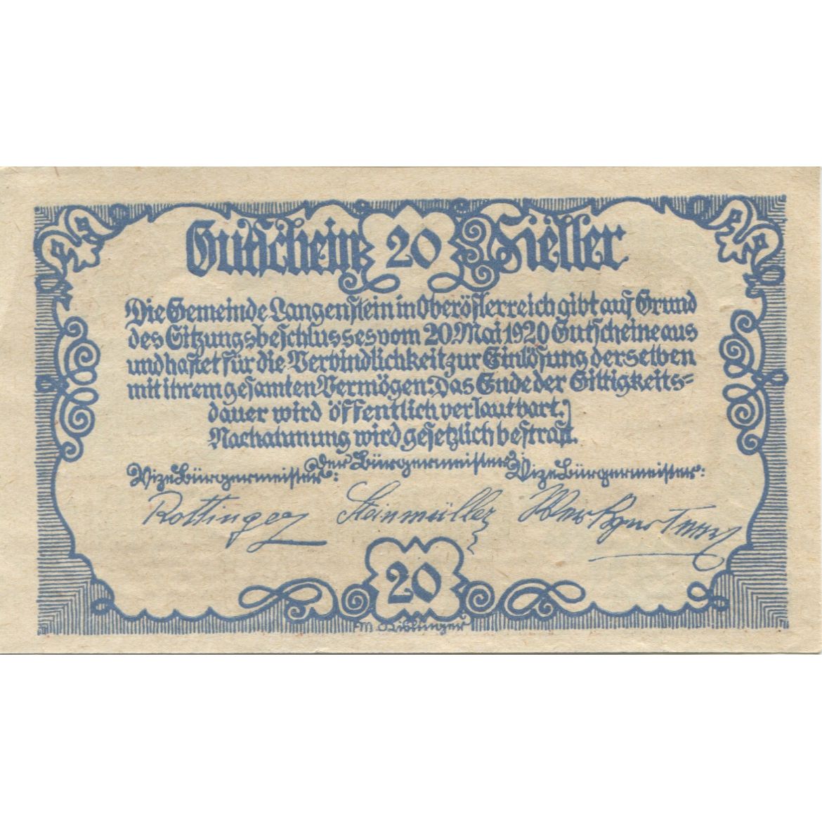 Billete, Austria, Langenstein, 20 Heller, chevalier, 1920, SC, Mehl:FS 502a