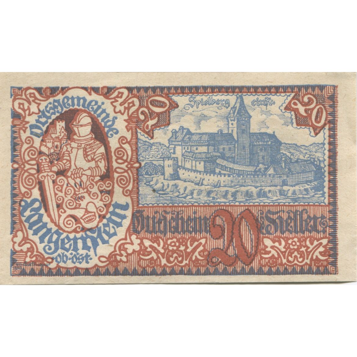 Billete, Austria, Langenstein, 20 Heller, chevalier, 1920, SC, Mehl:FS 502a