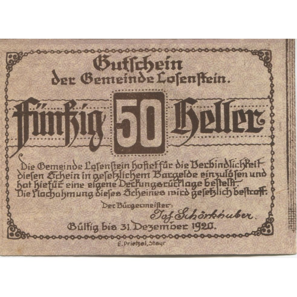 Billete, Austria, Losenstein, 50 Heller, pont, 1920, 1920-12-31, SC, Mehl:FS 506