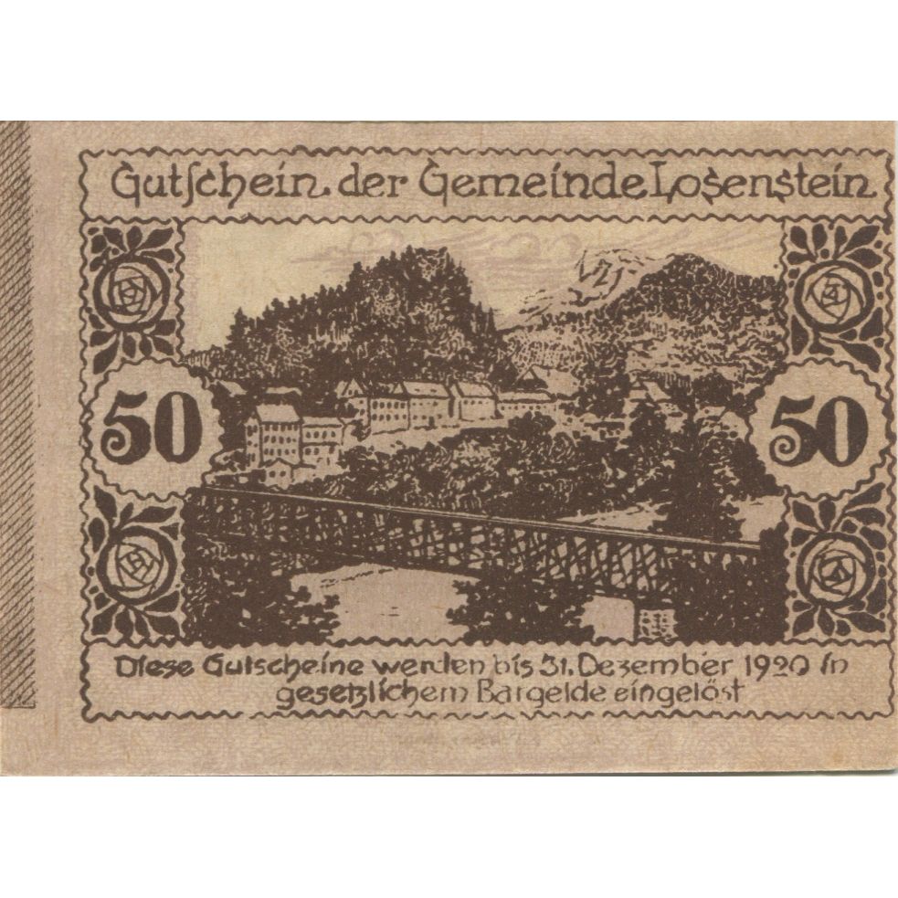 Billete, Austria, Losenstein, 50 Heller, pont, 1920, 1920-12-31, SC, Mehl:FS 506