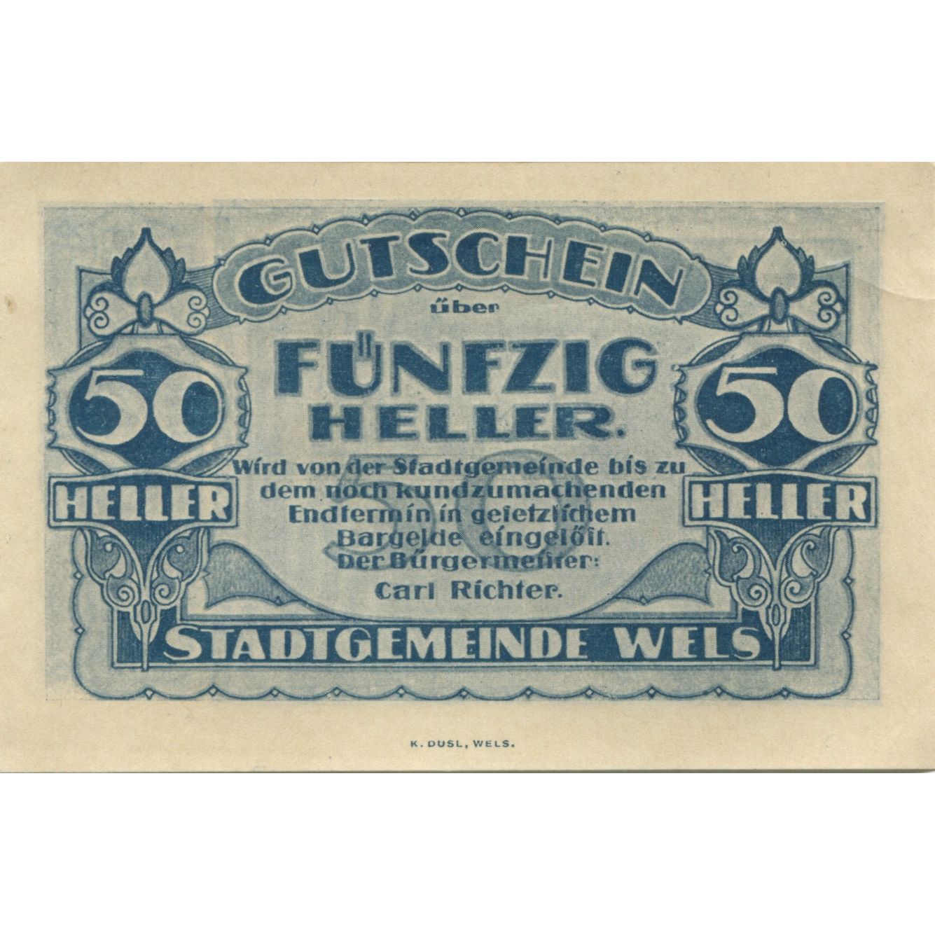 Billete, Austria, Wels, 50 Heller, Monument, 1920, SC, Mehl:FS 1167