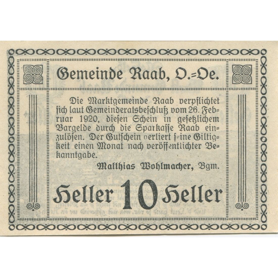 Billete, Austria, Raab, 10 Heller, paysage, 1920, SC, Mehl:FS 805IIa