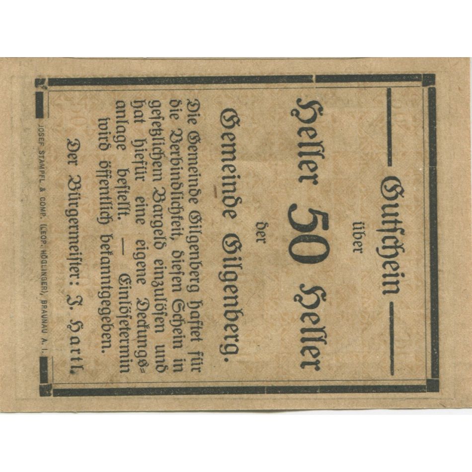 Billete, Austria, Gilgenberg, 50 Heller, Eglise, 1920, SC, Mehl:FS 236a