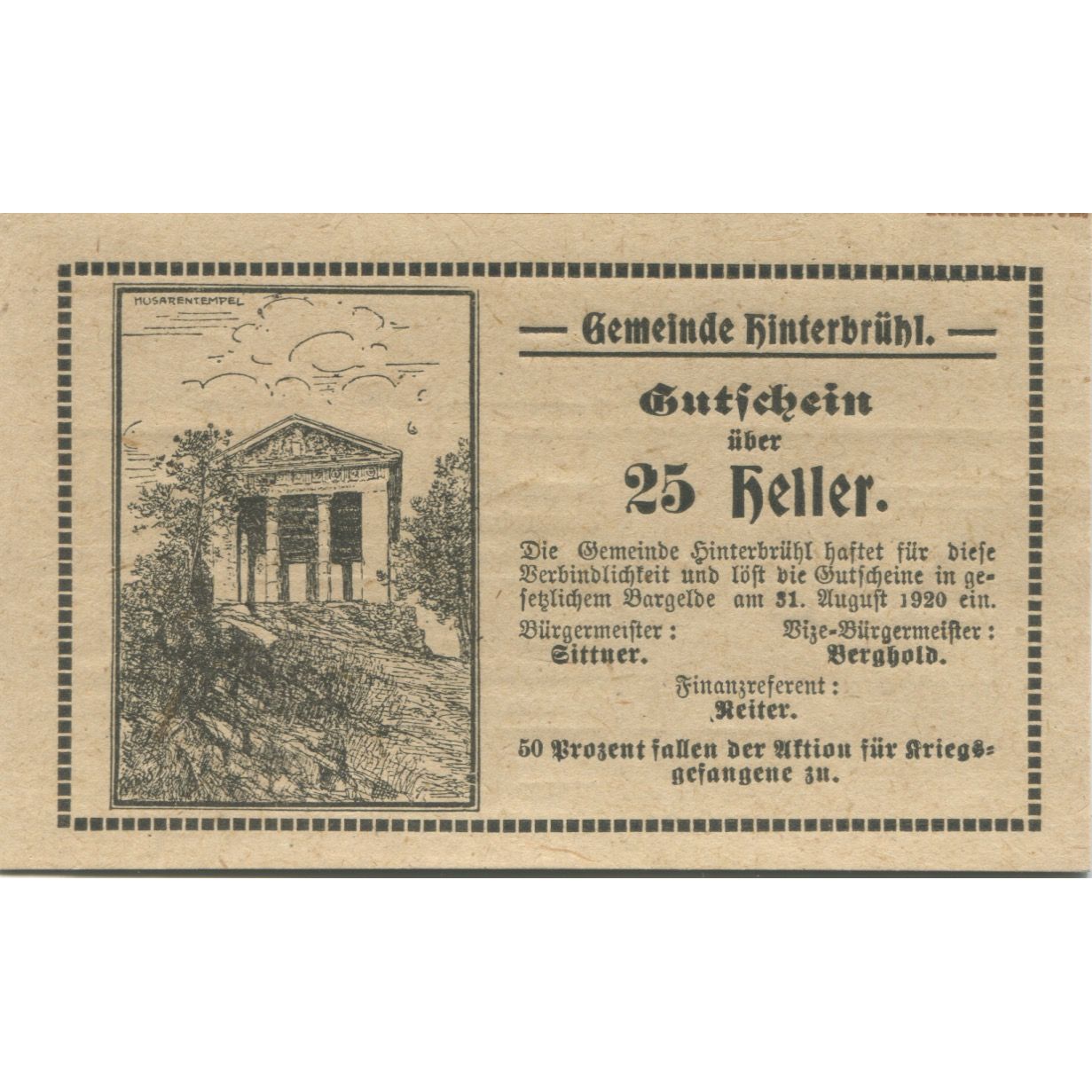 Billete, Austria, Hinterbrühl, 25 Heller, Monument 1920-08-31, SC Mehl:FS 376