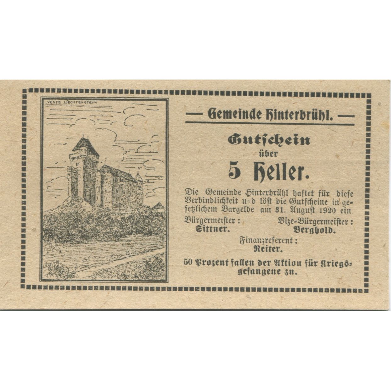 Billete, Austria, Hinterbrühl, 5 Heller, château 1920-08-31, SC Mehl:FS 376