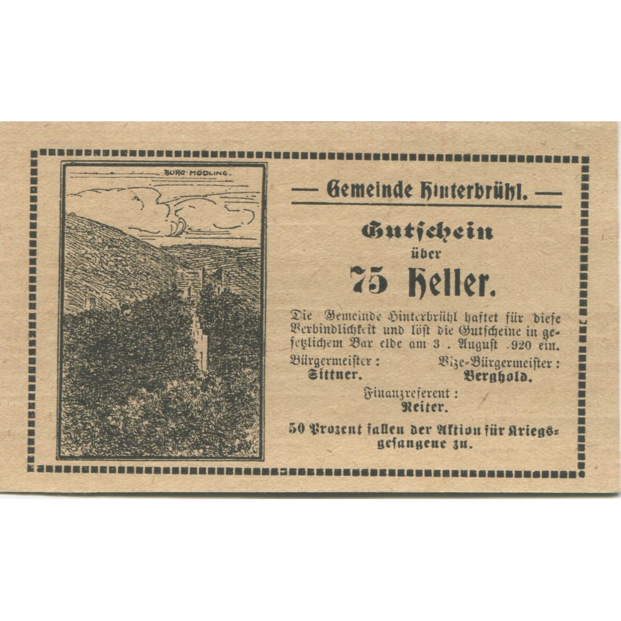 Billete, Austria, Hinterbrühl, 75 Heller, ruine 1920-08-31, SC, Mehl:FS 376