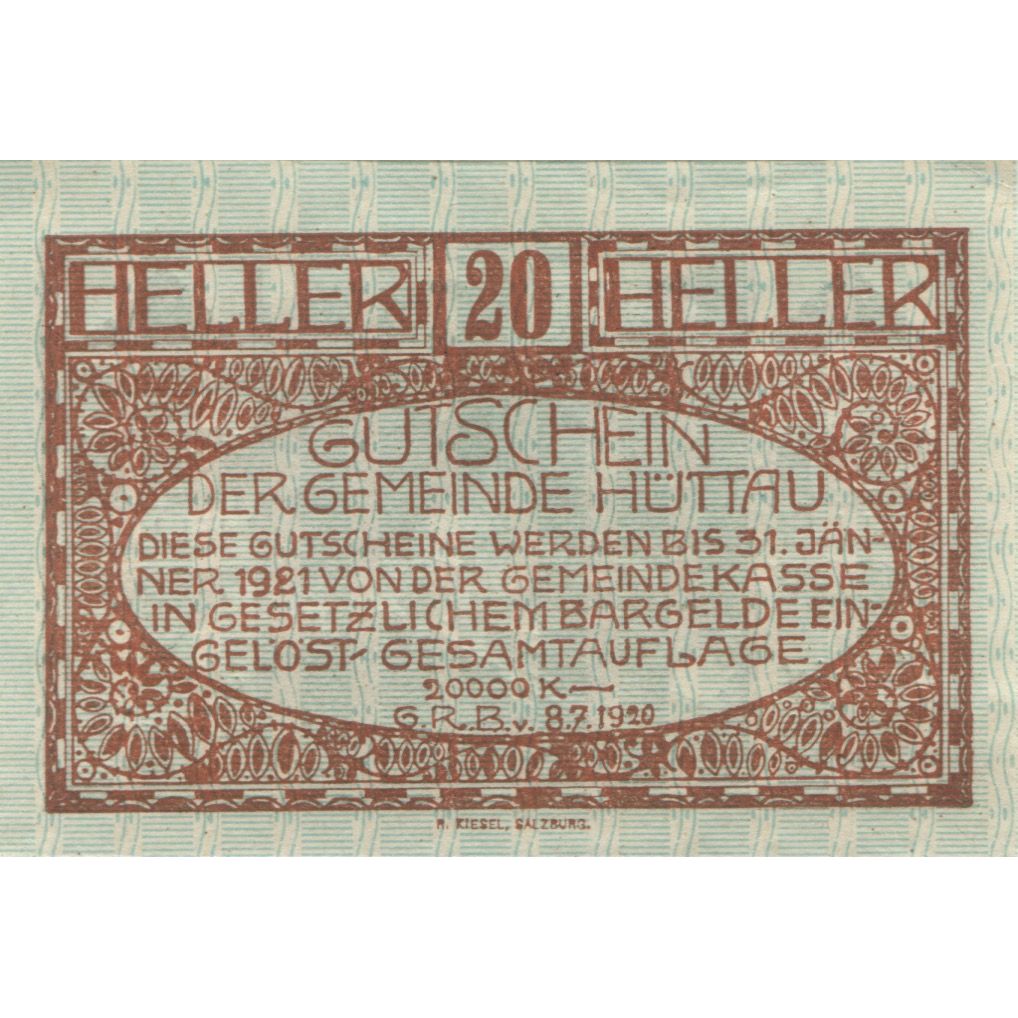 Billete, Austria, Hüttau, 20 Heller, village 1921-01-31, SC, Mehl:FS 401a