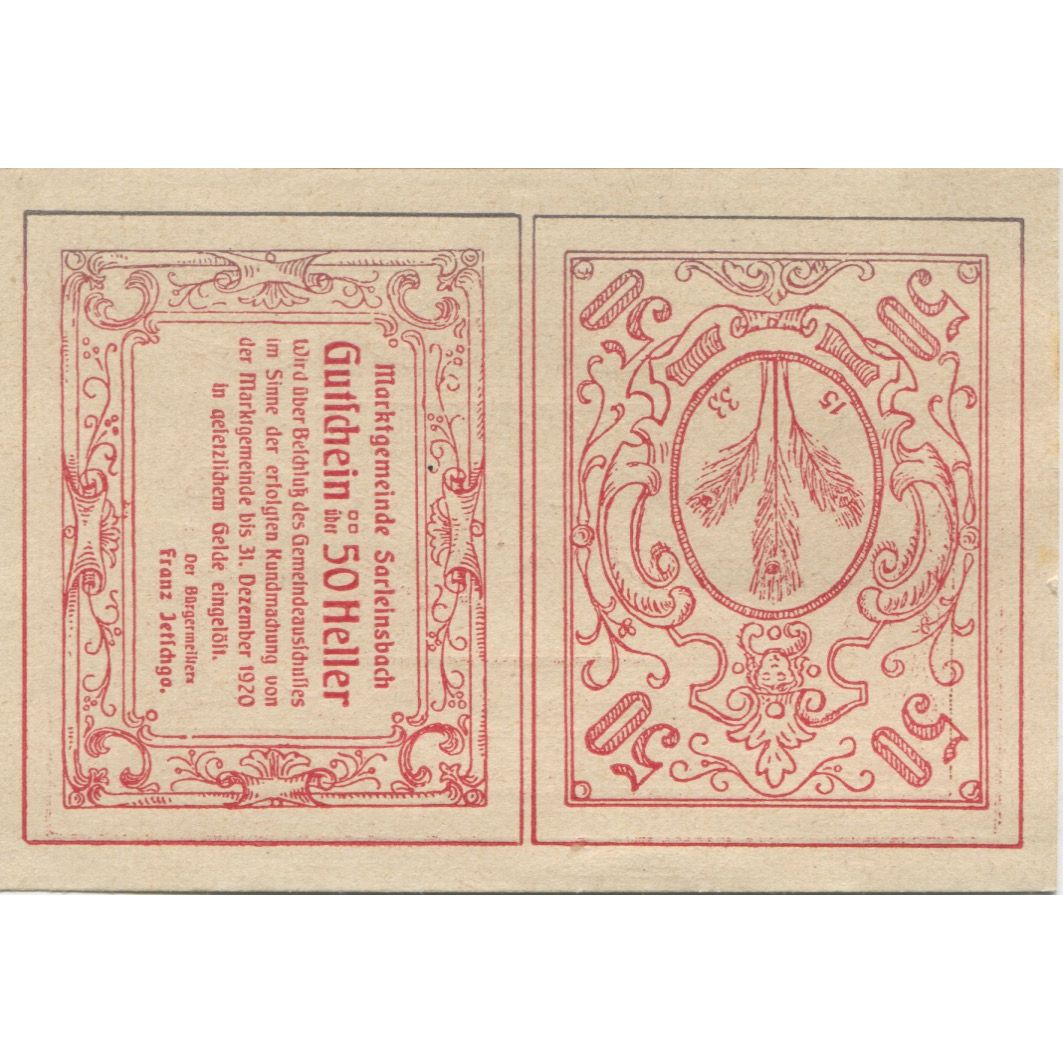 Billete, Austria, Sarleinsbach, 50 Heller, blé 1920-12-31, SC, Mehl:FS 948a