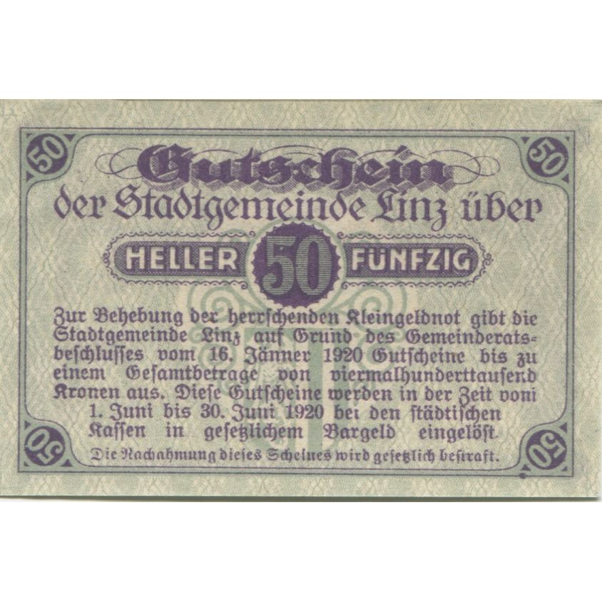 Billete, Austria, Linz, 50 Heller, valeur faciale 1920-06-30, SC, Mehl:FS 529b