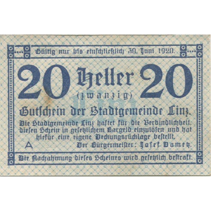 Billete, Austria, Linz, 20 Heller, valeur faciale 1920-06-30, SC Mehl:FS 529b