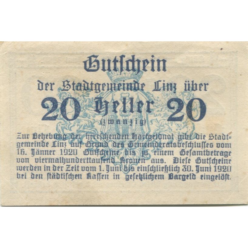 Billete, Austria, Linz, 20 Heller, valeur faciale 1920-06-30, SC Mehl:FS 529b
