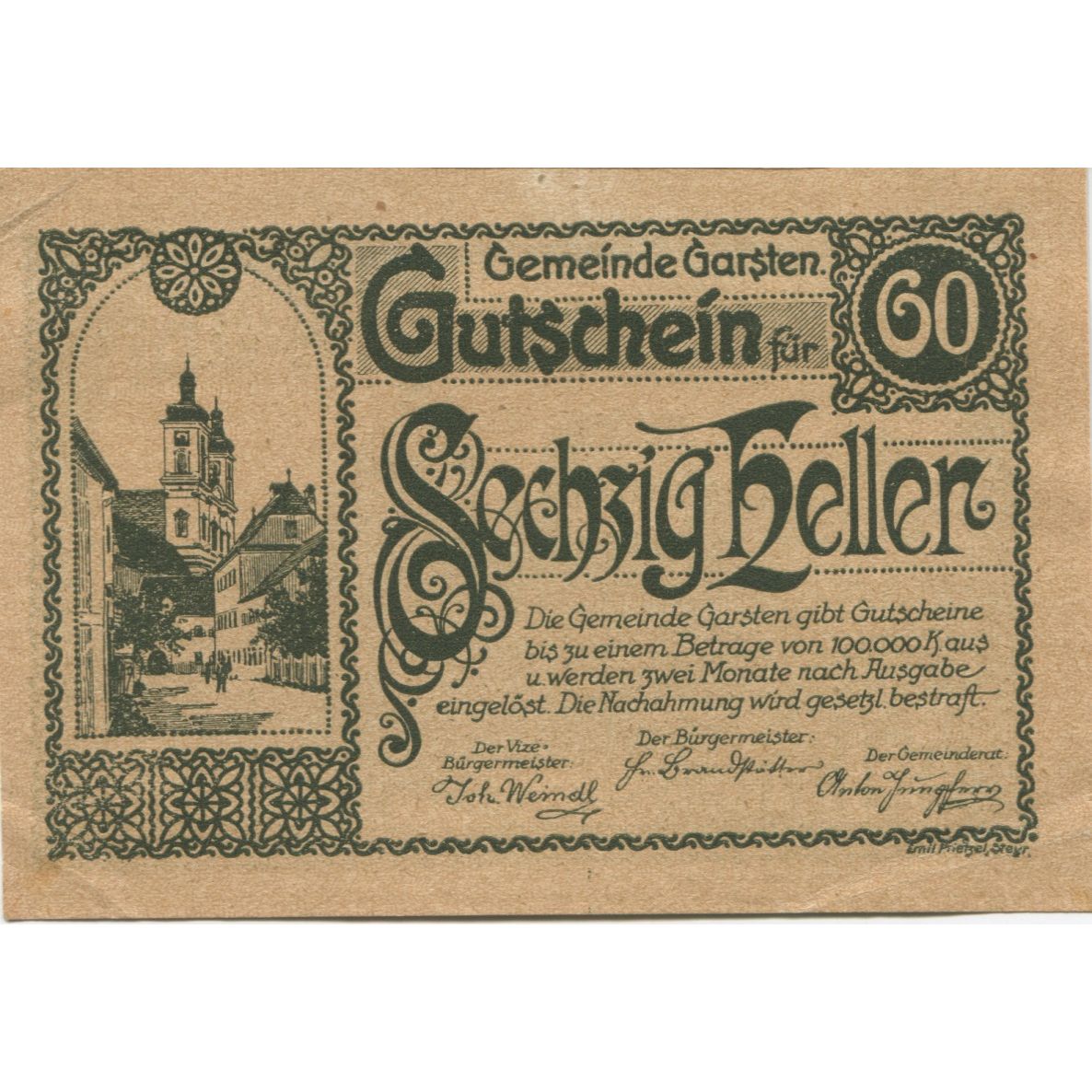 Billete, Austria, Garsten, 60 Heller, rue, 1920, SC, Mehl:FS 224