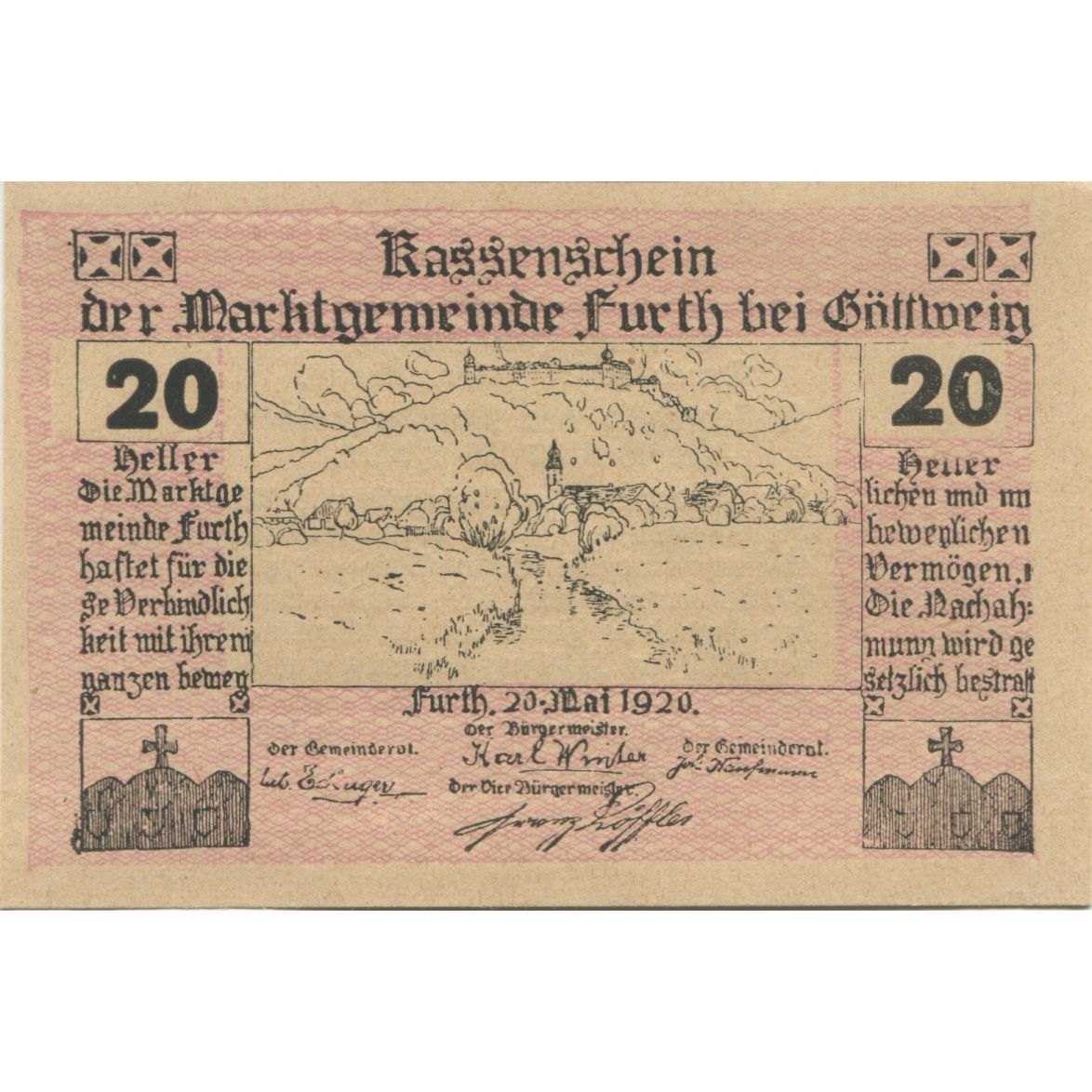 Billete, Austria, Furth, 20 Heller, paysage, 1920, 1920-09-30, SC, Mehl:FS 214aB