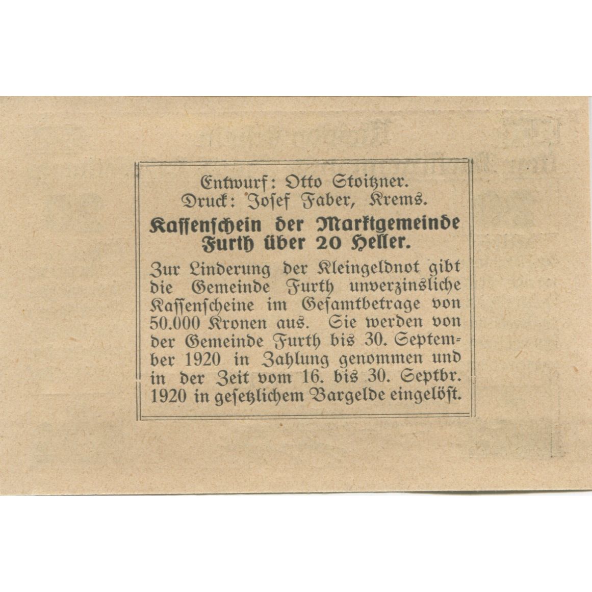 Billete, Austria, Furth, 20 Heller, paysage, 1920, 1920-09-30, SC, Mehl:FS 214aB