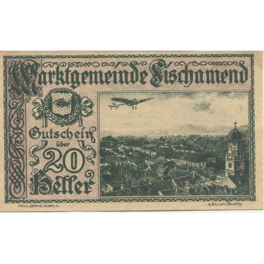 Billete, Austria, Fischamend, 20 Heller, avion 1920-06-25, SC, Mehl:FS 202
