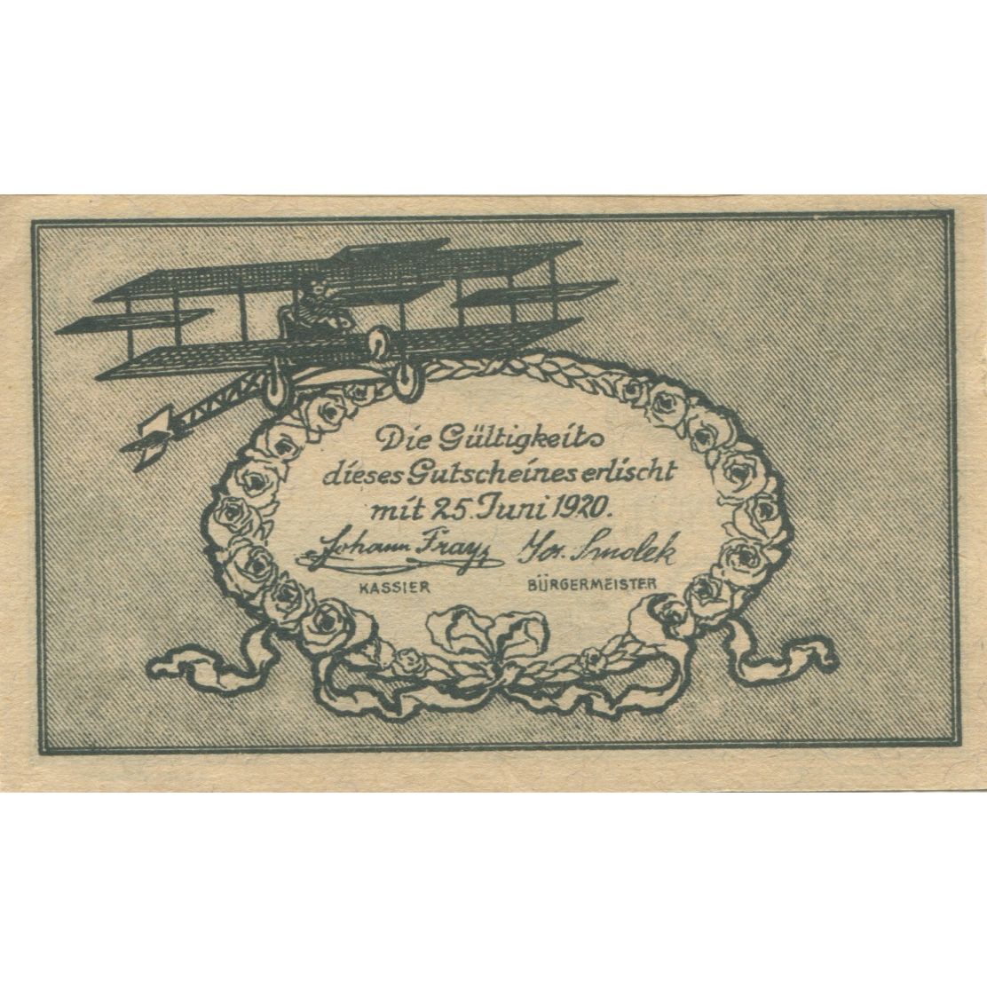 Billete, Austria, Fischamend, 20 Heller, avion 1920-06-25, SC, Mehl:FS 202