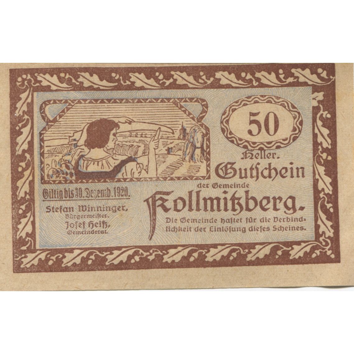 Billete, Austria, Kollmitzberg, 50 Heller, champs 1920-12-30, SC Mehl:FS 462b