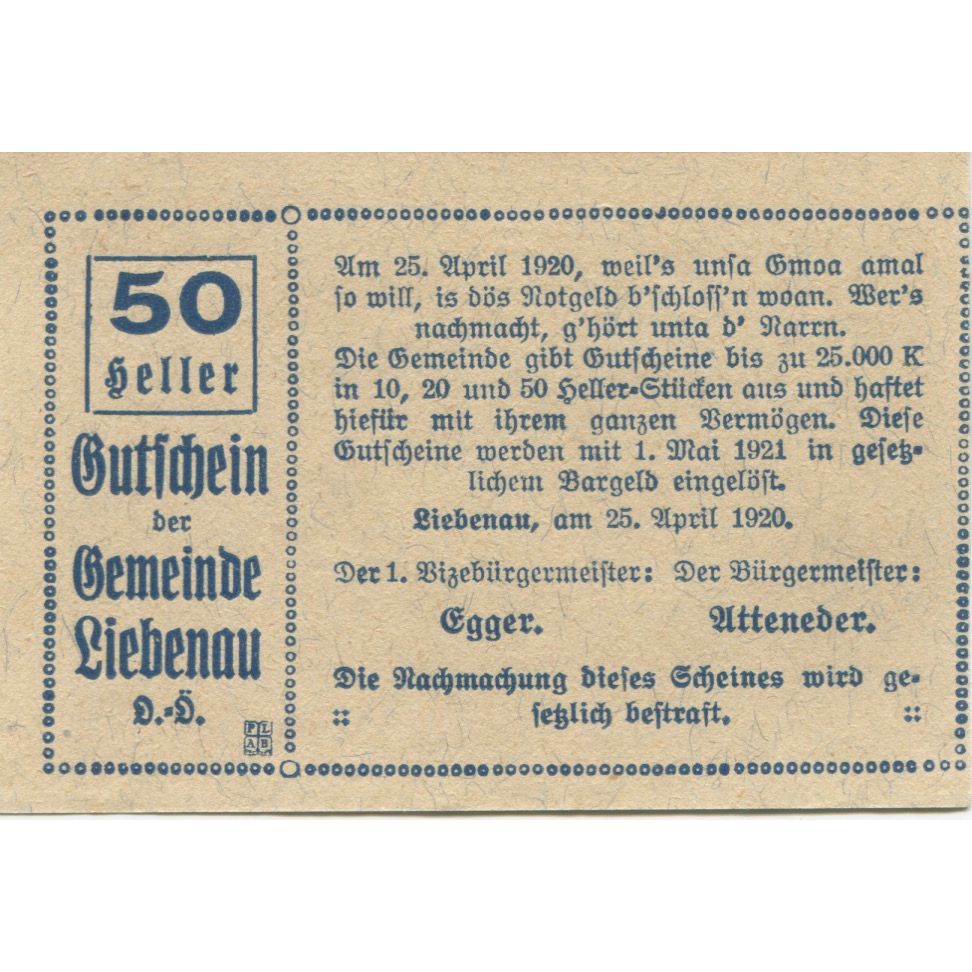 Billete, Austria, Liebenau, 50 Heller, paysage 1921-05-01, SC, Mehl:FS 521
