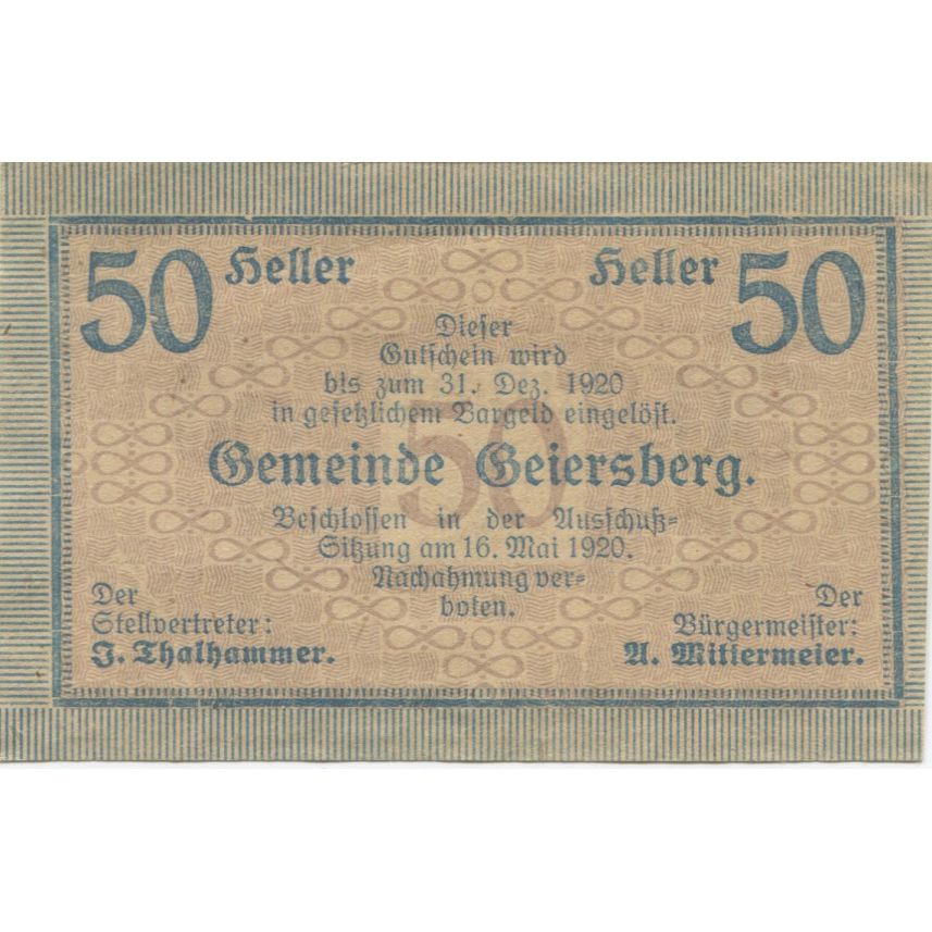 Billete, Austria, Geiersberg, 50 Heller, valeur faciale, 1920 SC Mehl:FS 227a