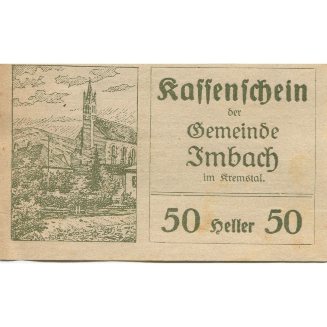Billete, Austria, Imbach, 50 Heller, Eglise 1920-12-31, EBC Mehl:FS 404Ia