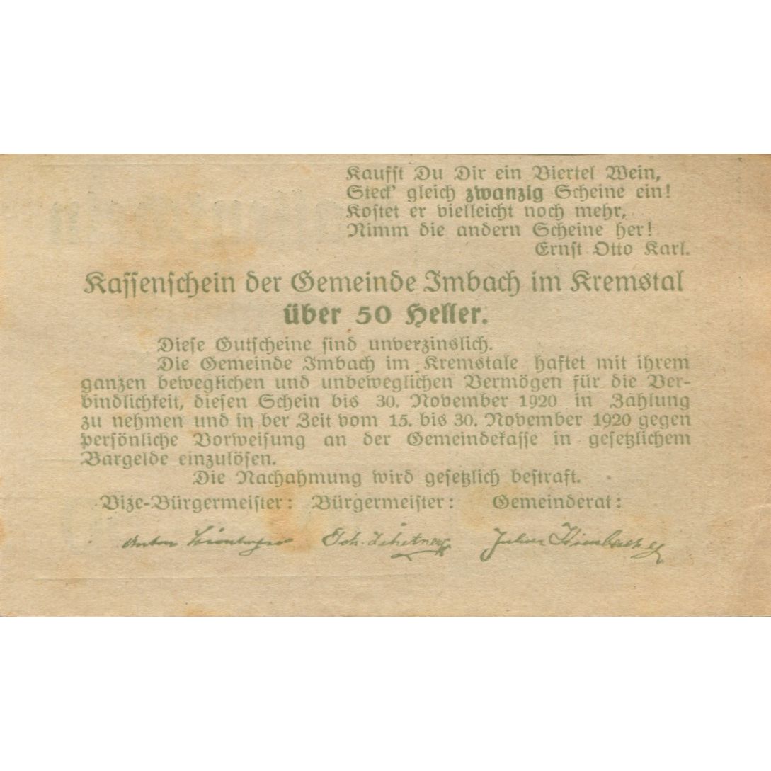 Billete, Austria, Imbach, 50 Heller, Eglise 1920-12-31, EBC Mehl:FS 404Ia