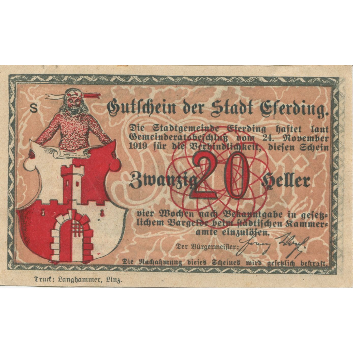Billete, Austria, Eferding, 20 Heller, Blason, 1920, EBC+, Mehl:FS 152I