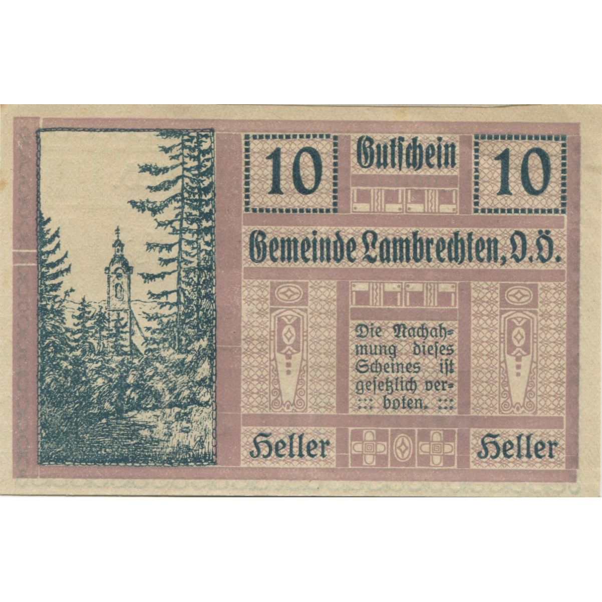 Billete, Austria, Lambrechten, 10 Heller, Forêt 1920-12-31, EBC Mehl:FS 497b