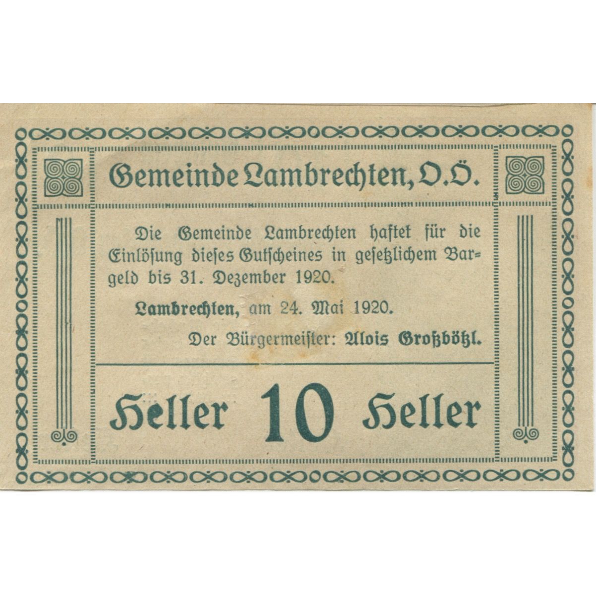 Billete, Austria, Lambrechten, 10 Heller, Forêt 1920-12-31, EBC Mehl:FS 497b