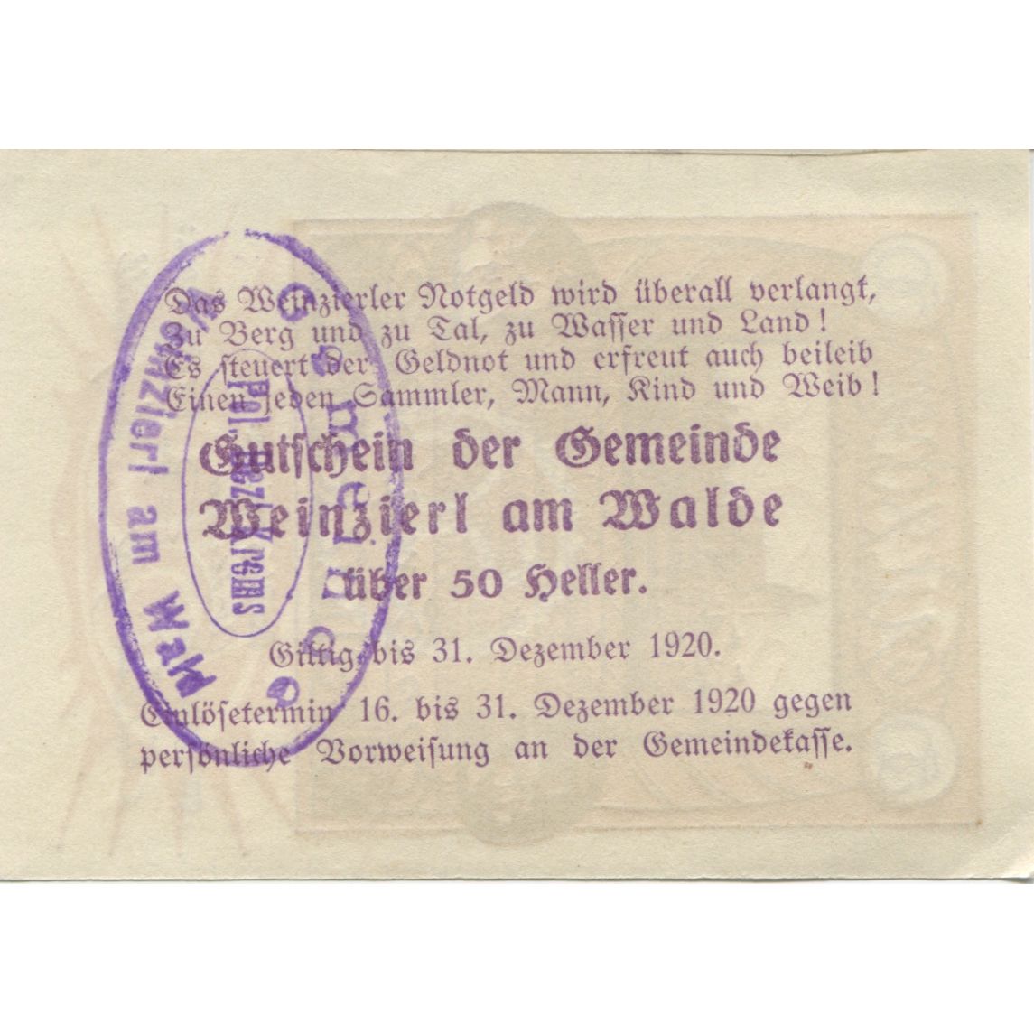 Billete, Austria, Weinzierl, 50 Heller, Eglise 1920-12-31, SC Mehl:FS 1152a