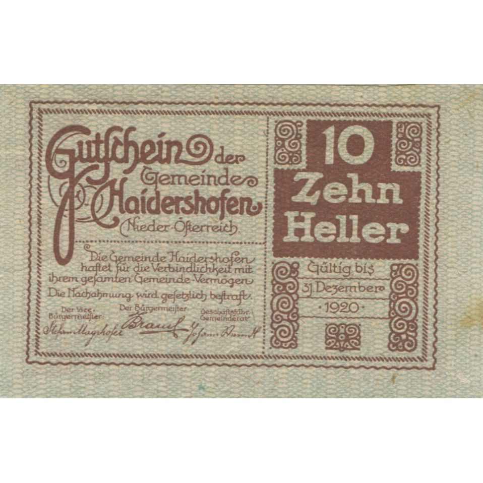 Billete, Austria, Haidershofen, 10 Heller, château, 1920 EBC Mehl:FS 335Ib