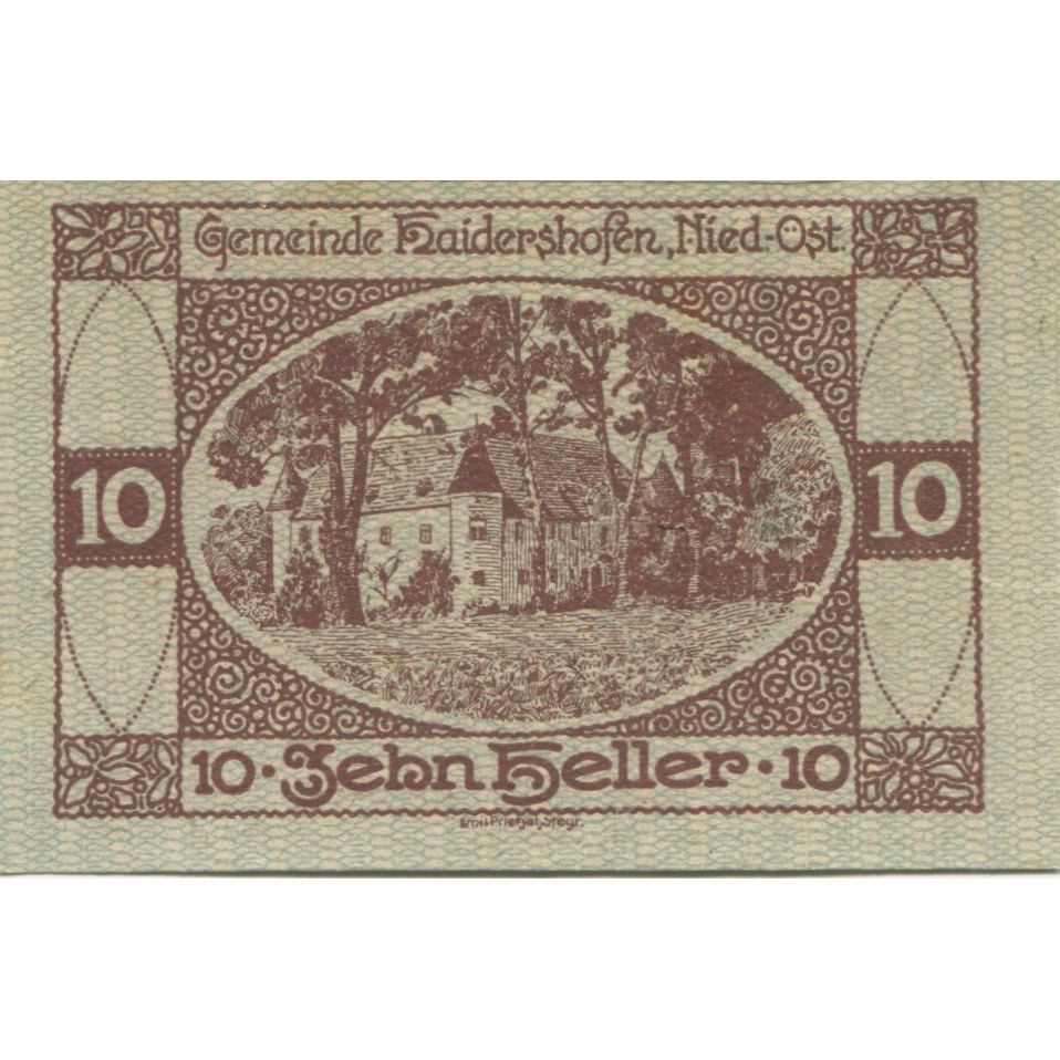 Billete, Austria, Haidershofen, 10 Heller, château, 1920 EBC Mehl:FS 335Ib