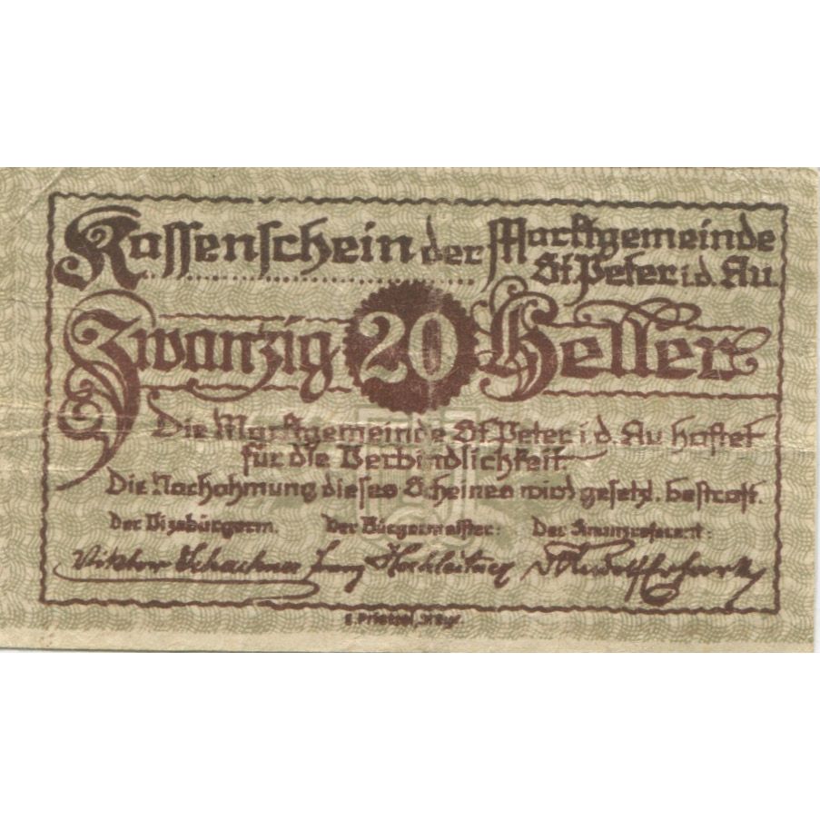 Billete, Austria, St Peter in der Au, 20 Heller, village, 1921 MBCMehl:FS 924a