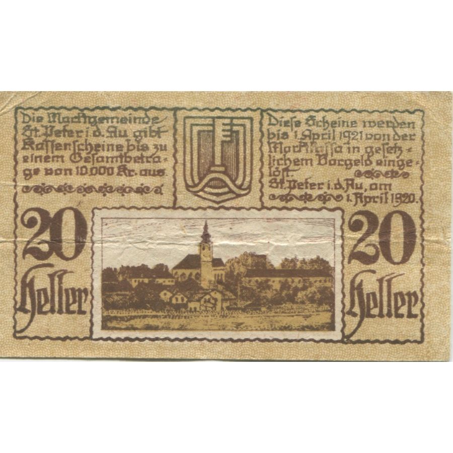 Billete, Austria, St Peter in der Au, 20 Heller, village, 1921 MBCMehl:FS 924a