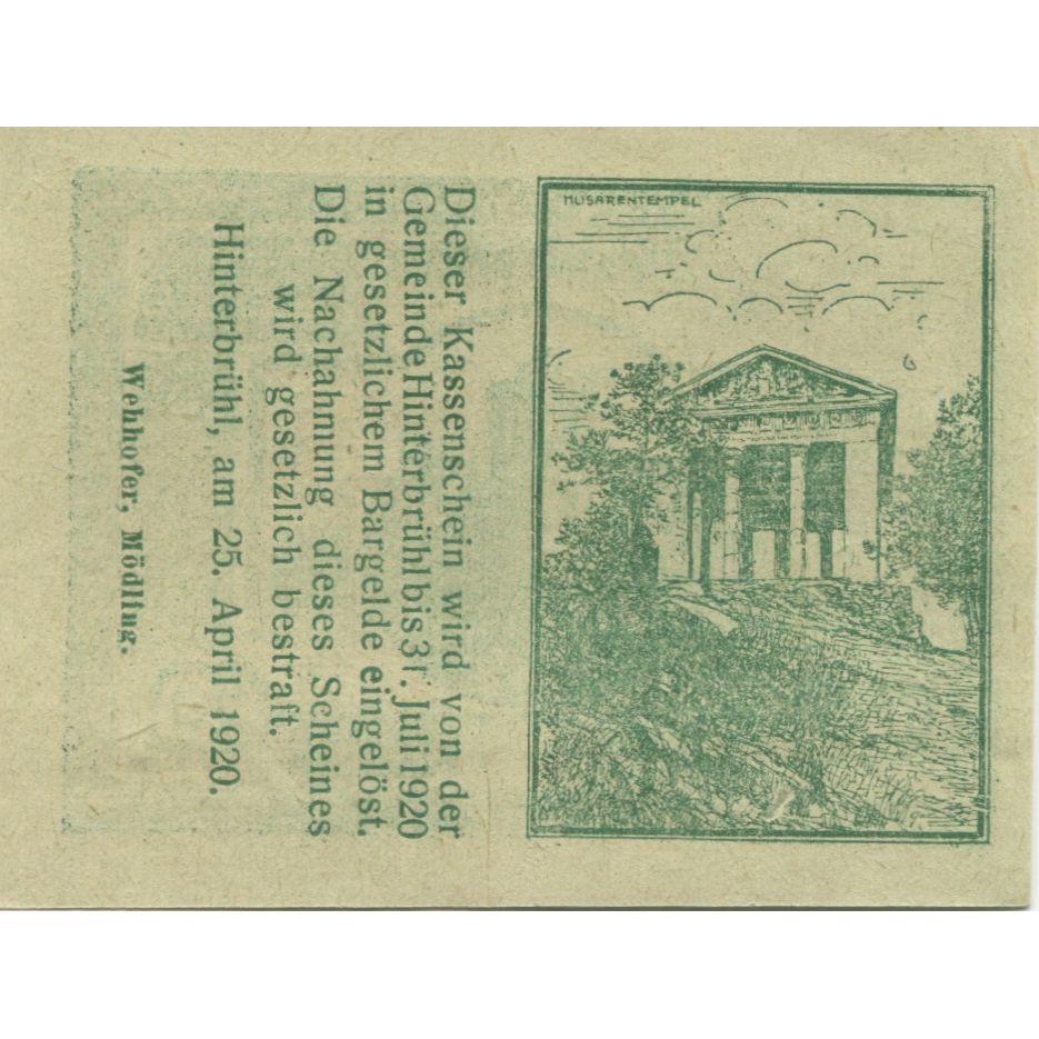 Billete, Austria, Hinterbrühl, 20 Heller, tour 1920-07-31, SC Mehl:FS 376Ia