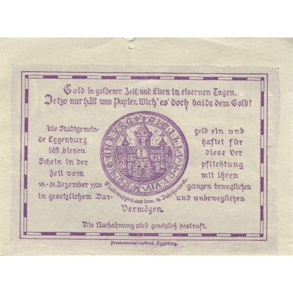 Billete, Austria, Eggenburg, 50 Heller, château 1920-12-31, EBC, Mehl:FS 162a