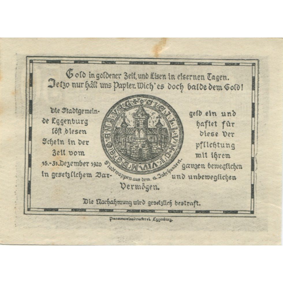 Billete, Austria, Eggenburg, 50 Heller, Blason 1920-12-31, EBC, Mehl:FS 162a