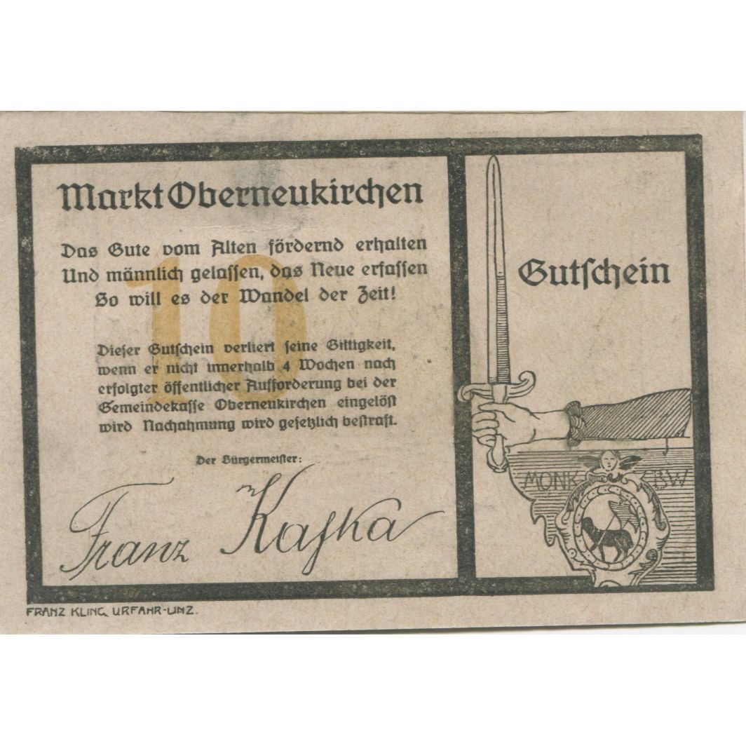 Billete, Austria, Oberneukirchen, 10 Heller, épée, 1920, SC, Mehl:FS 691b