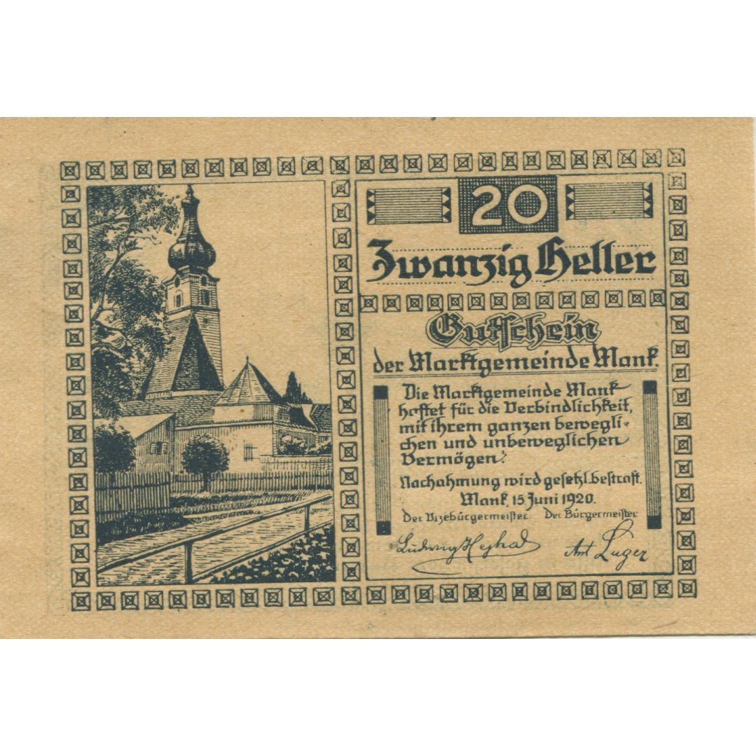 Billete, Austria, Mank, 20 Heller, Eglise, 1920, 1920-12-15, SC, Mehl:FS 576a
