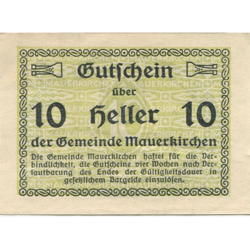 Billete, Austria, Mauerkirchen, 10 Heller, Blason, 1920, SC, Mehl:FS 598I